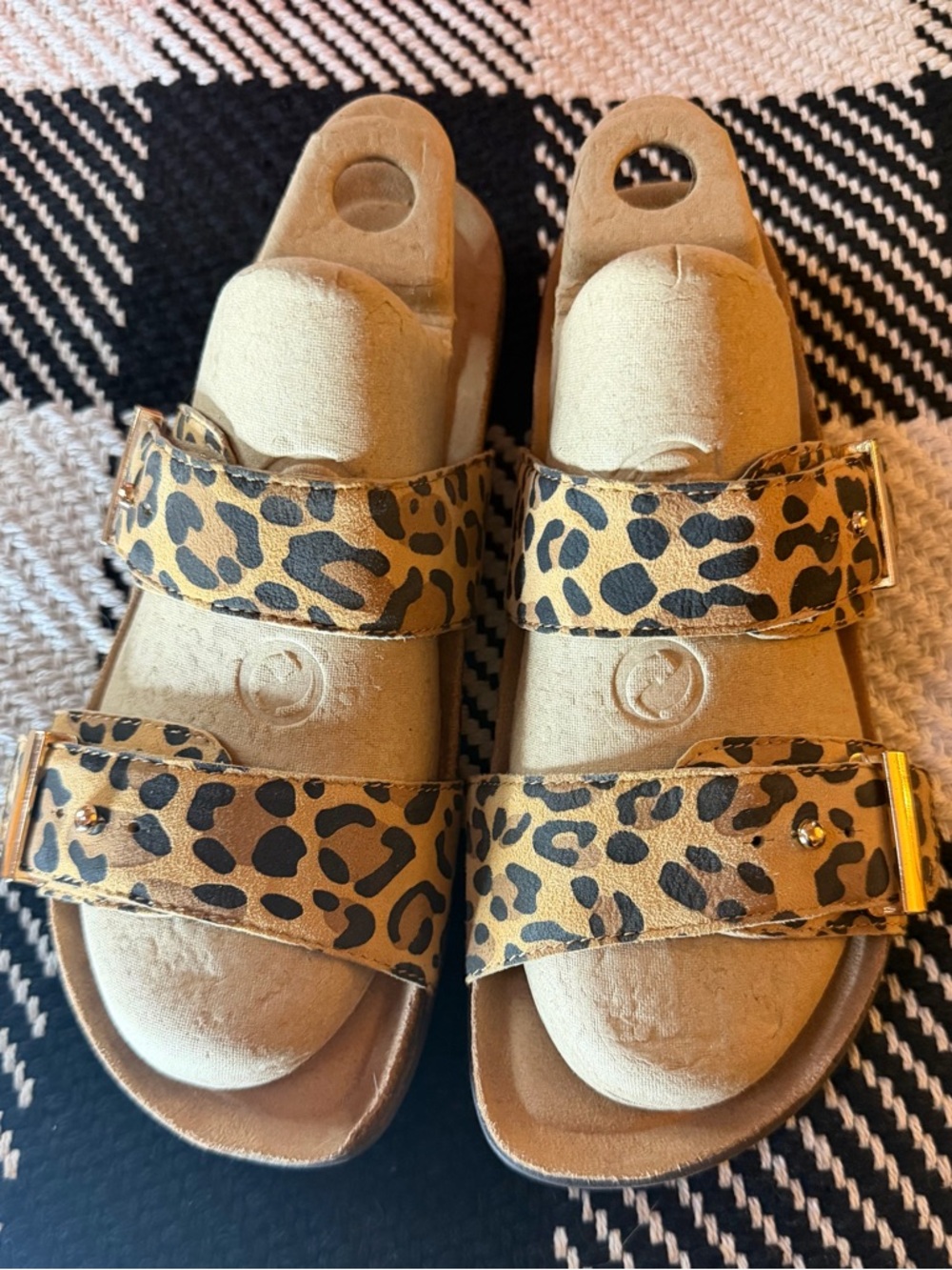 Earth Origins Leopard-Print Double Strap Slide Sandals - Tan/Black - Picture 2 of 8